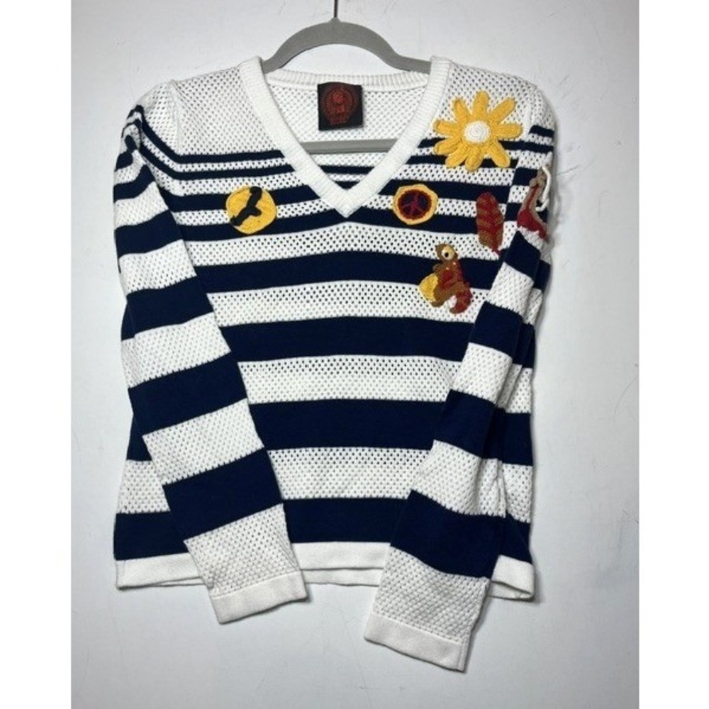 Happy Sheep Women Navy White Striped Cotton Mesh Sweater Crochet Patches Small